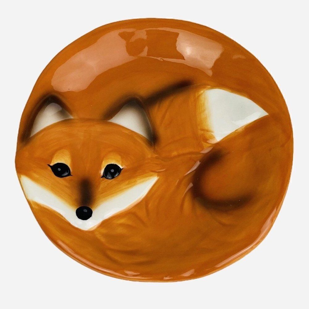 Adorable Orange Red Fox Face Tail Ceramic 8" Plate Autumn Fall Kawaii Decor Cute